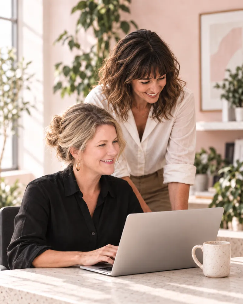 Lori Satterthwaite reviewing a website with a colleague at her desk
